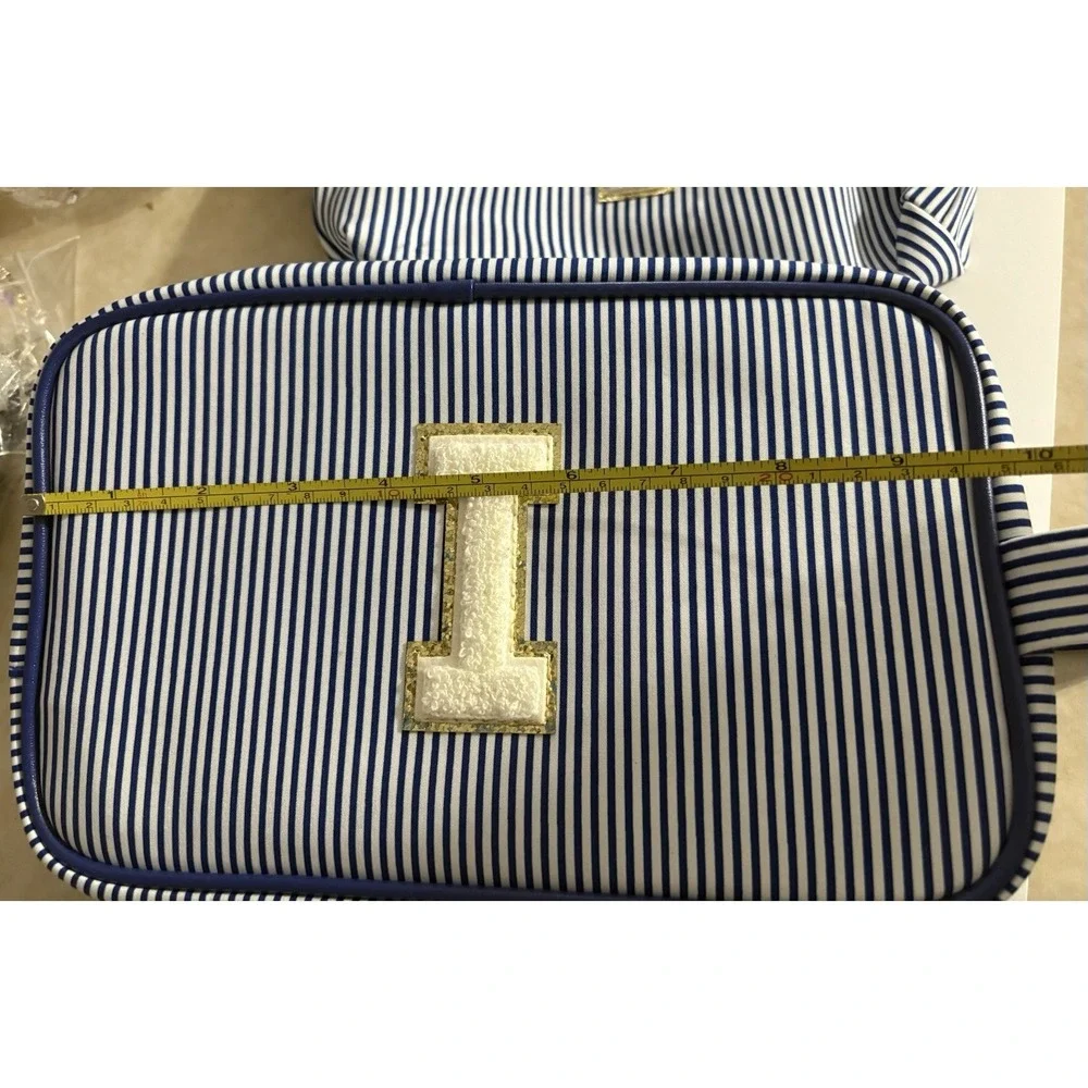 2 NEW Navy Blue & White Striped Fabric Bags Zipper, Makeup, Craft, Monogram 'I'